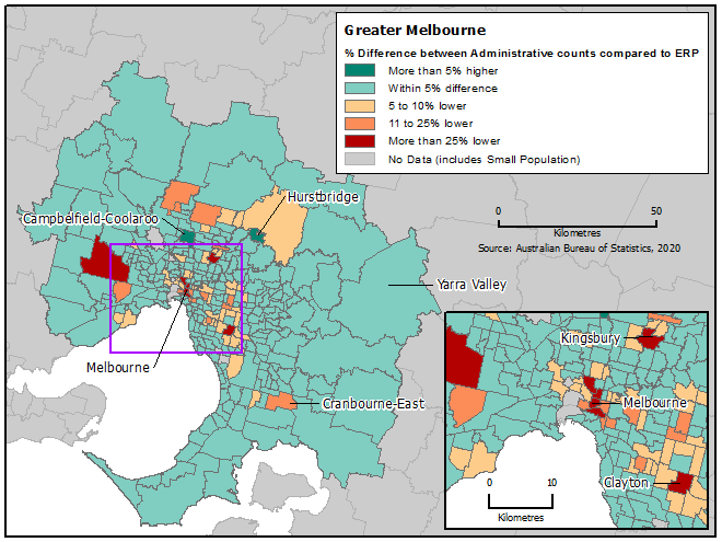 Map of Greater Melbourne showing percentage difference between administrative counts and ERP for each SA2.