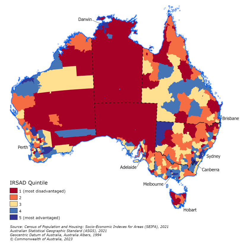 Map of Australia showing local government areas and their socio-economic advantage and disadvantage