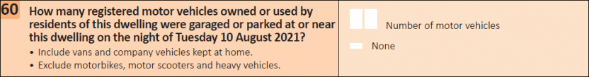 This question seeks information on how many registered motor vehicles were garaged or parked at the dwelling.