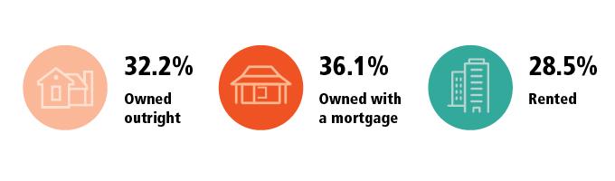 Owned outright, 32.2%, Owned with a mortgage, 36.1%, Rented, 28.5%