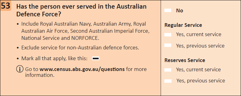 This question seeks information on if a person has ever served in the Australian Defence Force.