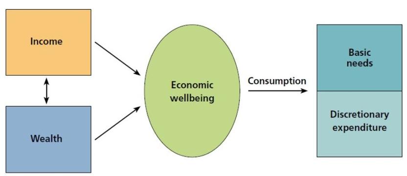 This diagram shows the components of well-being and the relationship between income, wealth and consumption.