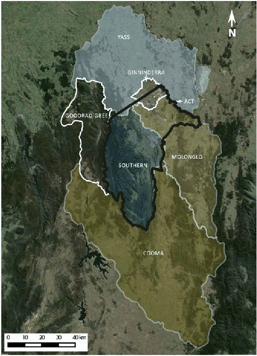 Image shows the water catchments included are Ginninderra, Molonglo and the Southern region.