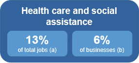 Image shows 13% of jobs and 6% of businesses are in the Health care and social assistance industry