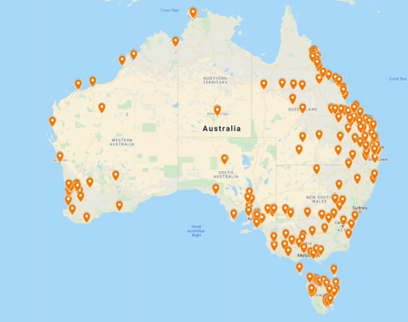 Map of Australia with orange pins identifying where pop-up hubs and fill in the form sessions were set up.