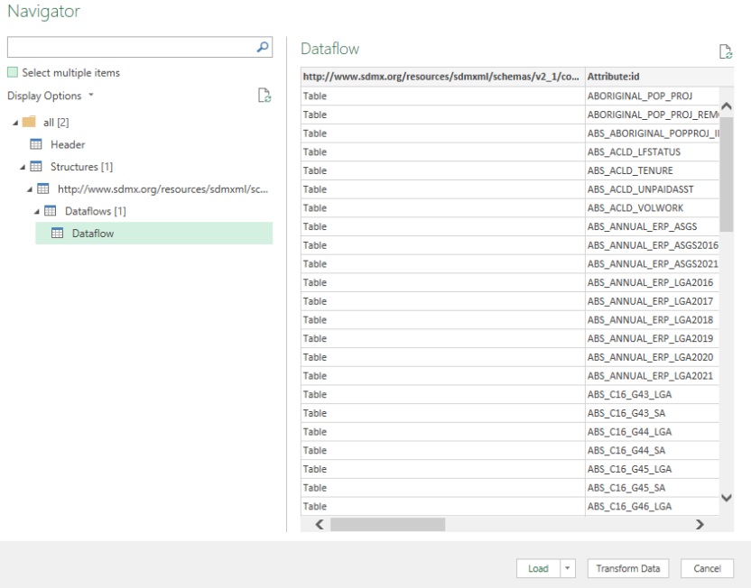 Screenshot of Excel file transformation wizard; “Dataflow” is selected in the Navigator panel and a list of all dataflows is shown.