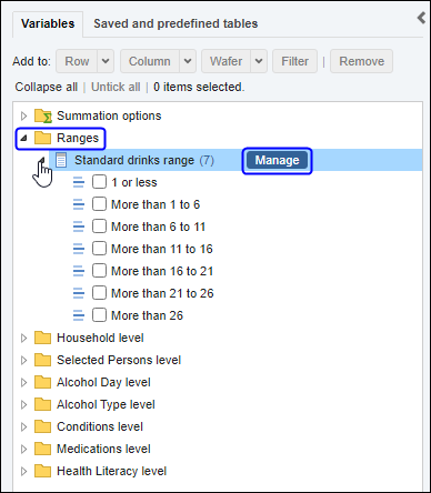 To clone or delete a Range variable, find the Ranges folder and click the Manage button next to the variable