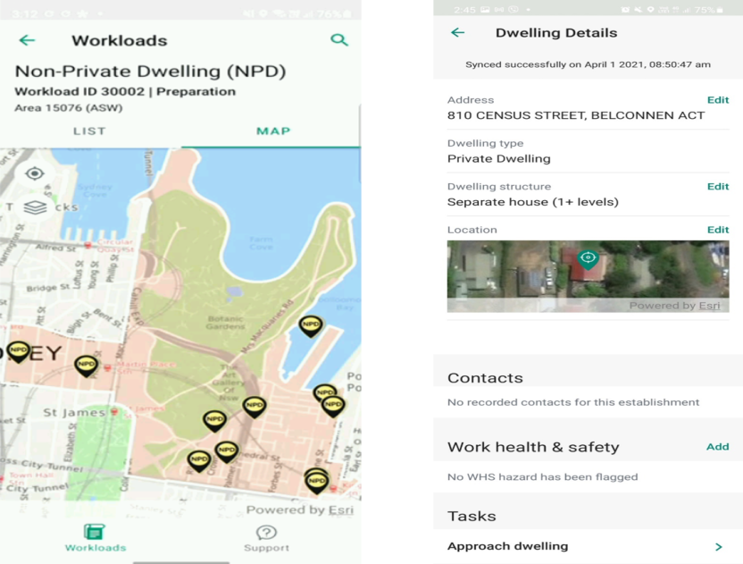 Screenshots of MyWork mobile phone application showing map and dwelling addresses