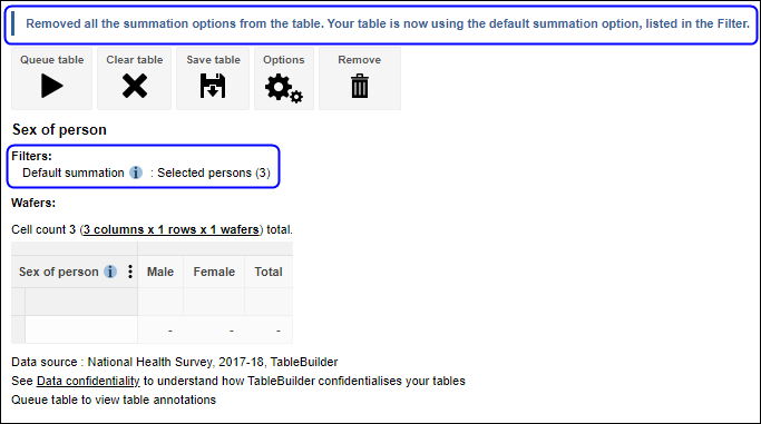 When the Summation Options are removed from the table, TableBuilder will automatically adds in the Default summation option