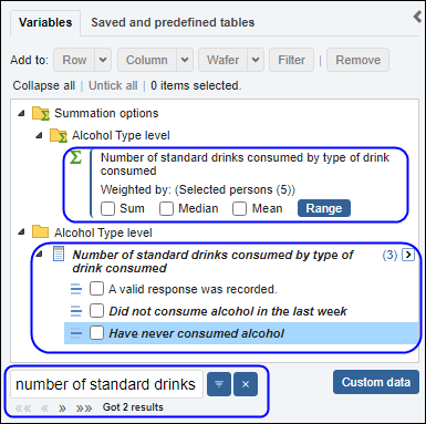 Sample search result for Number of standard drinks consumed using the search box function