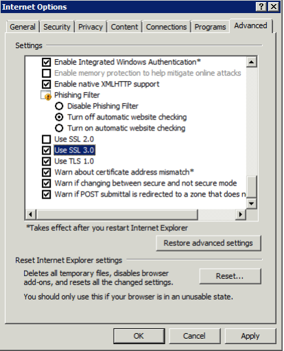 Screenshot of internet options screen