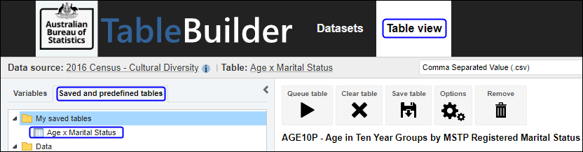Opening a saved table from the Saved and predefined tables tab in the Table view