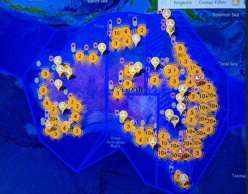 A screenshot of the SafeZone app showing map of Australia with yellow pins showing how many Census staff are working in the field,