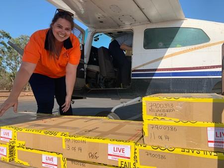 Photo of Census staff with boxes of Census material ready to load on to small aircraft