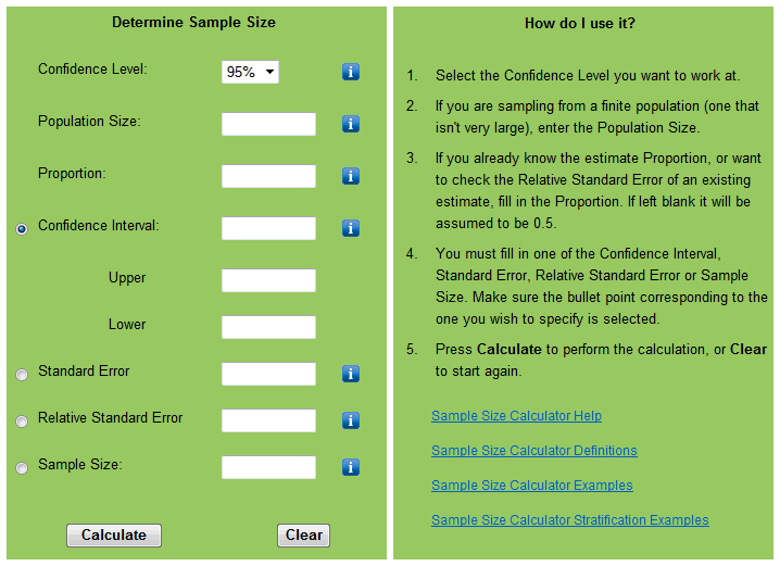 Image: Example of the Sample Size Calculator with blank fields