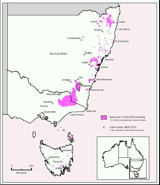 Map - 24.35 Burnt area in New South Wales, Australian Capital Territory, Tasmania and alpine Victoria - 2002-03