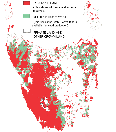 Map showing the area of Tasmania's publicly owned forests.