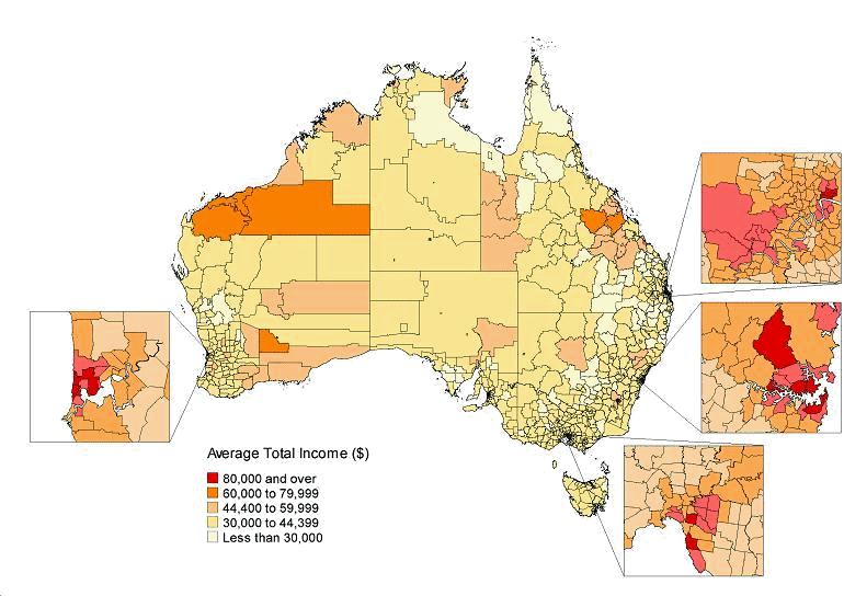 Map showing Average Total Income by Statistical Local Area, 2007-08