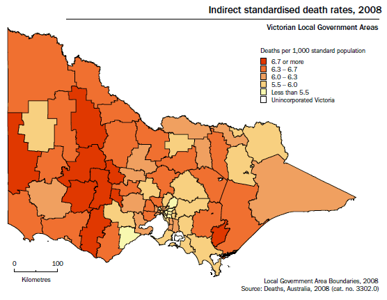 Indirect standardised death rates, 2008, Victorian Local Government Areas