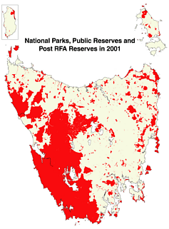 Map showing area of Tasmania's National Parks, Public Reserves and post Regional Forest Agreement Reserves in 2001.