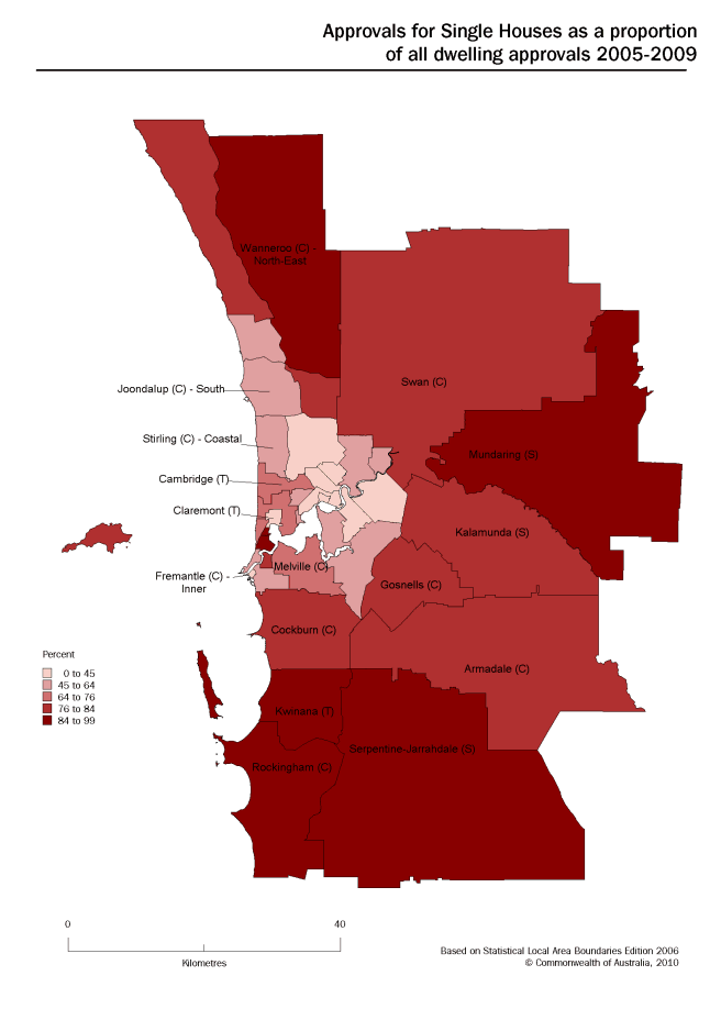 Map: Approvals for Single Houses as a proportion of all dwelling approvals 2005-2009
