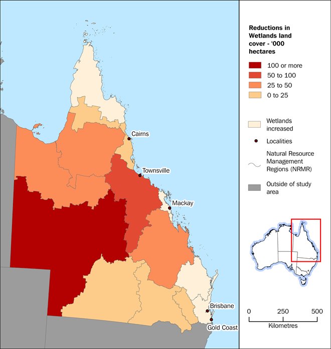 Map: NRMR level reductions in Wetlands land cover between 2010-2011 and 2014-2015