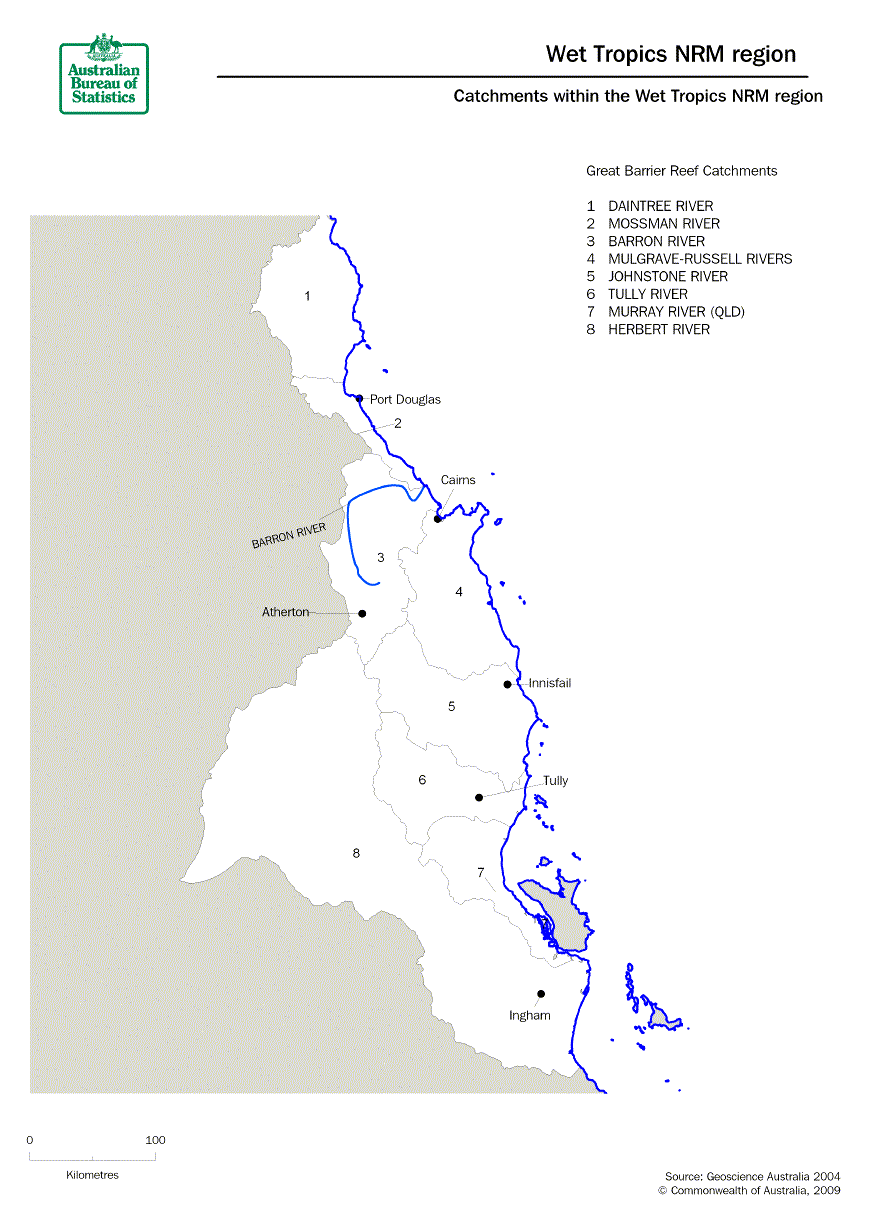 The Wet Tropics NRM region is made up of the Daintree River, Mossman River,  Barron River, Mulgrave-Russell Rivers, Johnstone River, Tully River, Murray River (QLD) and Herbert River catchments and covers an area of approximately 2.2 Million hectares. 