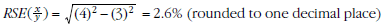 Equation: RSE (x / y) = square root of ([4] squared - [3] squared) = 2.6% (rounded to one decimal place)