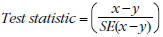 Equation: Test statistic = ([x - y] / [SE(x - y)])