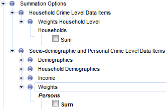 Screenshot from TableBuilder - shows the summation options that are available