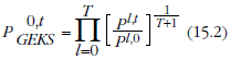 A formula to calculate the GEKS-Tornqvist index between periods 0 and t.