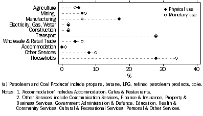 Graph: 1.5 DISTRIBUTION OF PETROLEUM AND COAL PRODUCTS USE(a), Monetary & physical, 2004–05