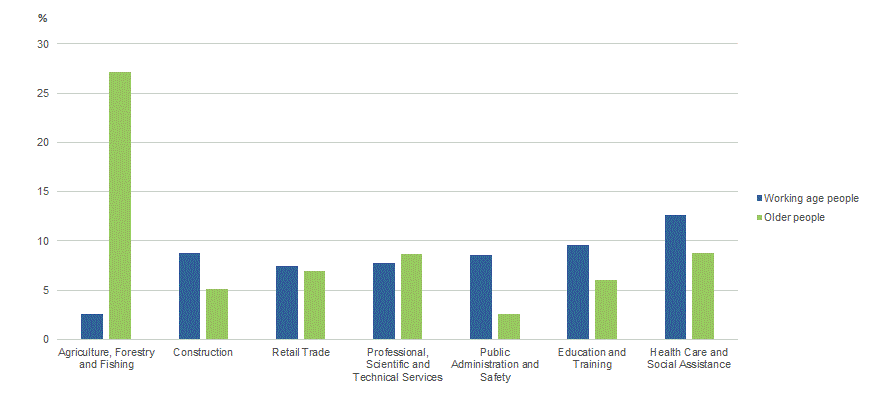 PEOPLE WHO CONTINUED WORKING, Selected industries of employment in 2016 by Age