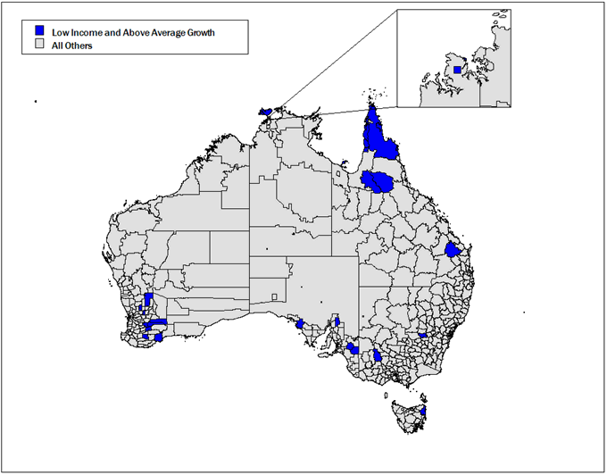 Map: Low Income and Above Average Income Growth Local Government Areas