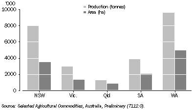 Graph: 16.13 Wheat production and area, by state—2005–06