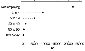 Graph: Number of Businesses by number of employees, Tasmania, June 2007