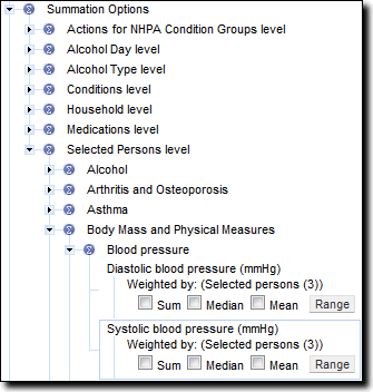 Graphic: Location of "Systolic blood pressure" in Summation Options