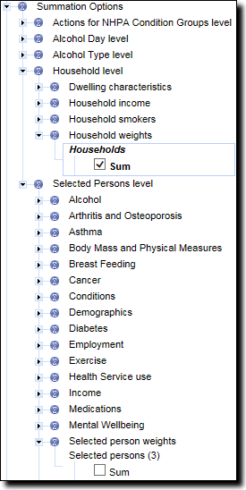 Graphic: Location of Households and Selected persons weights under Summation Options in the left hand pane