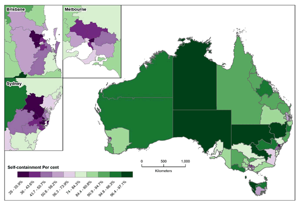 A map showing self containment of journey to work trips by SA4.