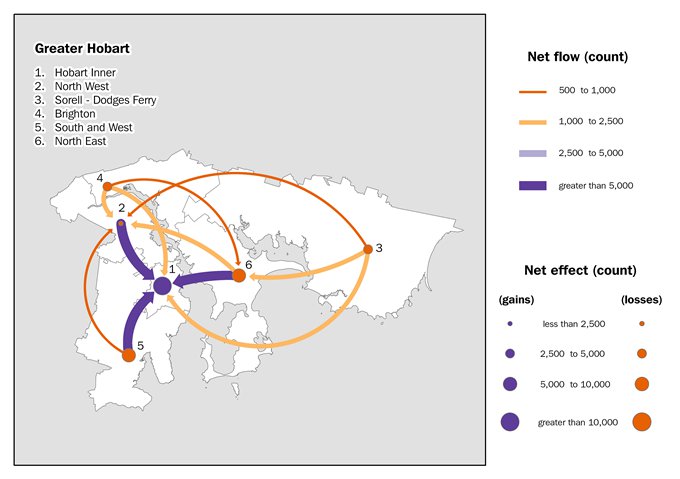 A map showing commuting flows between Greater Hobart SA4s.