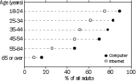 Graph - Adult Computer and Internet Use, By Age Groups