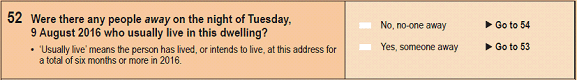 image: question 52 on the census form: Were any people away on the night of Tuesday 9 August 2016 who usually live in this dwelling?