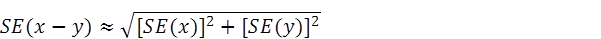 Equation: SE(x - y) is equal to square root of ([SE(x)] squared + [SE(y)] squared)