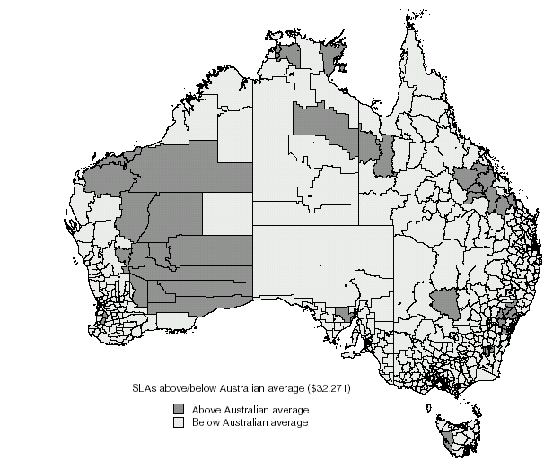 map - Average Wage and Salary Income, Australia, 1998-1999