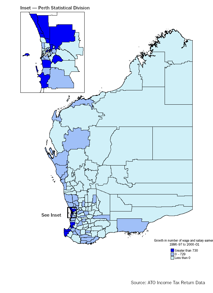 Map: Growth in wage and salary earners, by SLA, Western Australia: 1996-97 to 2000-01