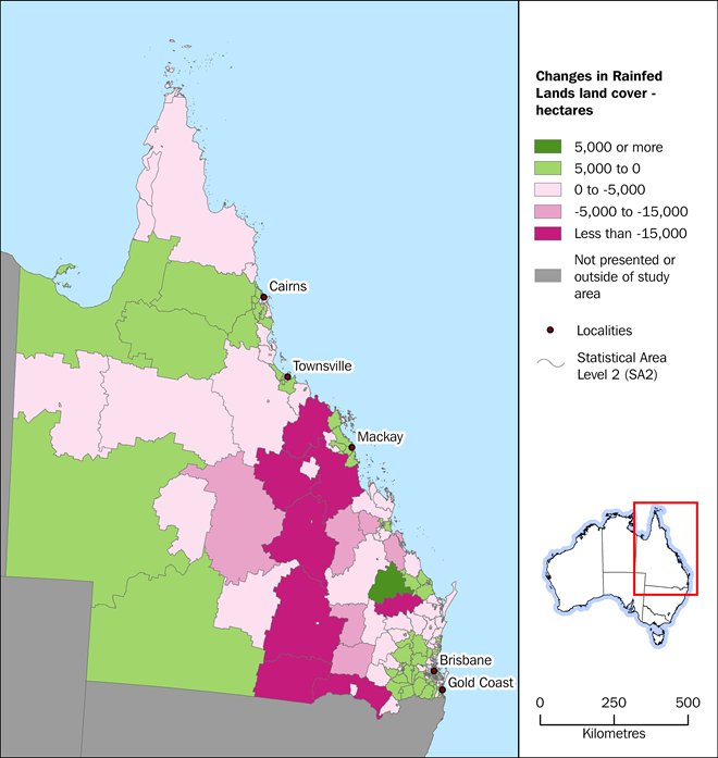 Map: SA2 level changes in Rainfed Lands land cover between 2010-2011 and 2014-2015