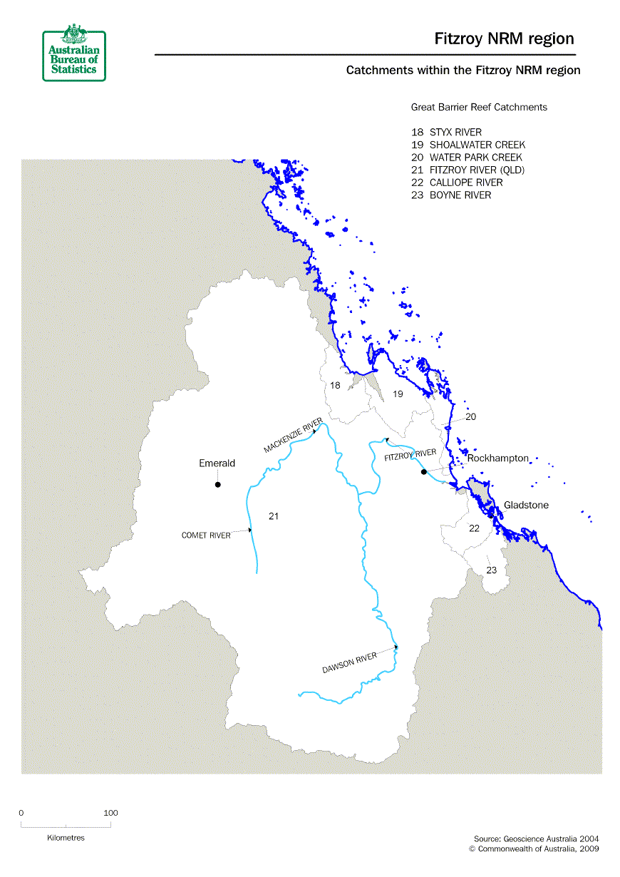 The Fitzroy NRM region is made up of the Styx river, Shoalwater creek, Water Park creek, Fitzroy river (QLD) , Calliope river and Boyne river catchments and covers and area of approximately 15.6 Million hectares. 