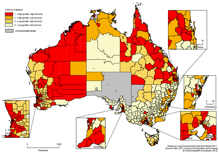 Image: Map showing population growth and turnover rates for local government areas, 2006 to 2011