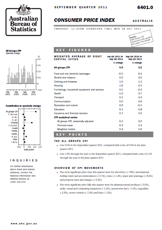 Image: Front cover of Consumer Price Index, Sept Qtr 2011 (Cat. no. 6401.0) .