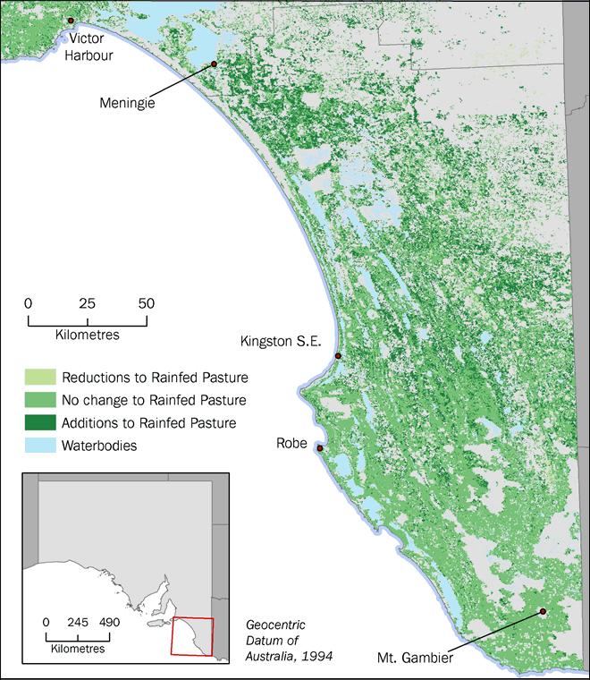 Map showing locations where the land cover class Wetlands has increased, decreased or remained constant
